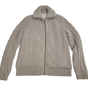 L.L.Bean Signature Fisherman Cardigan Cable Knit Wool Blend Sherpa Lined Size S